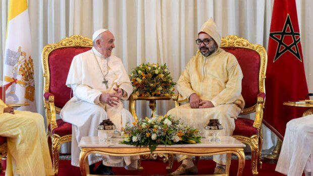 30 mars 2019 : Le pape François reçu par le roi MOHAMMED VI au Palais royal. Rabat, Maroc.