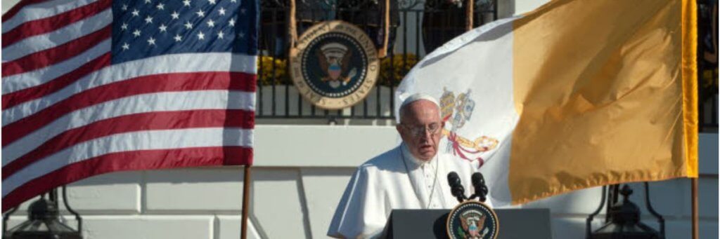 23 septembre 2015 : Voyage du pape François aux Etats Unis. discours du pape François, Maison Blanche à Washington, Etats Unis d'Amérique.