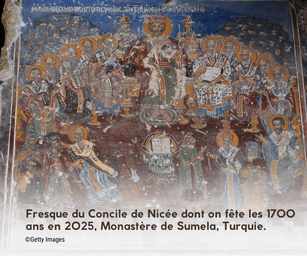 Fresque du Concile de Nicée dont on fête les 1700 ans en 2025, Monastère de Sumela, Turquie.