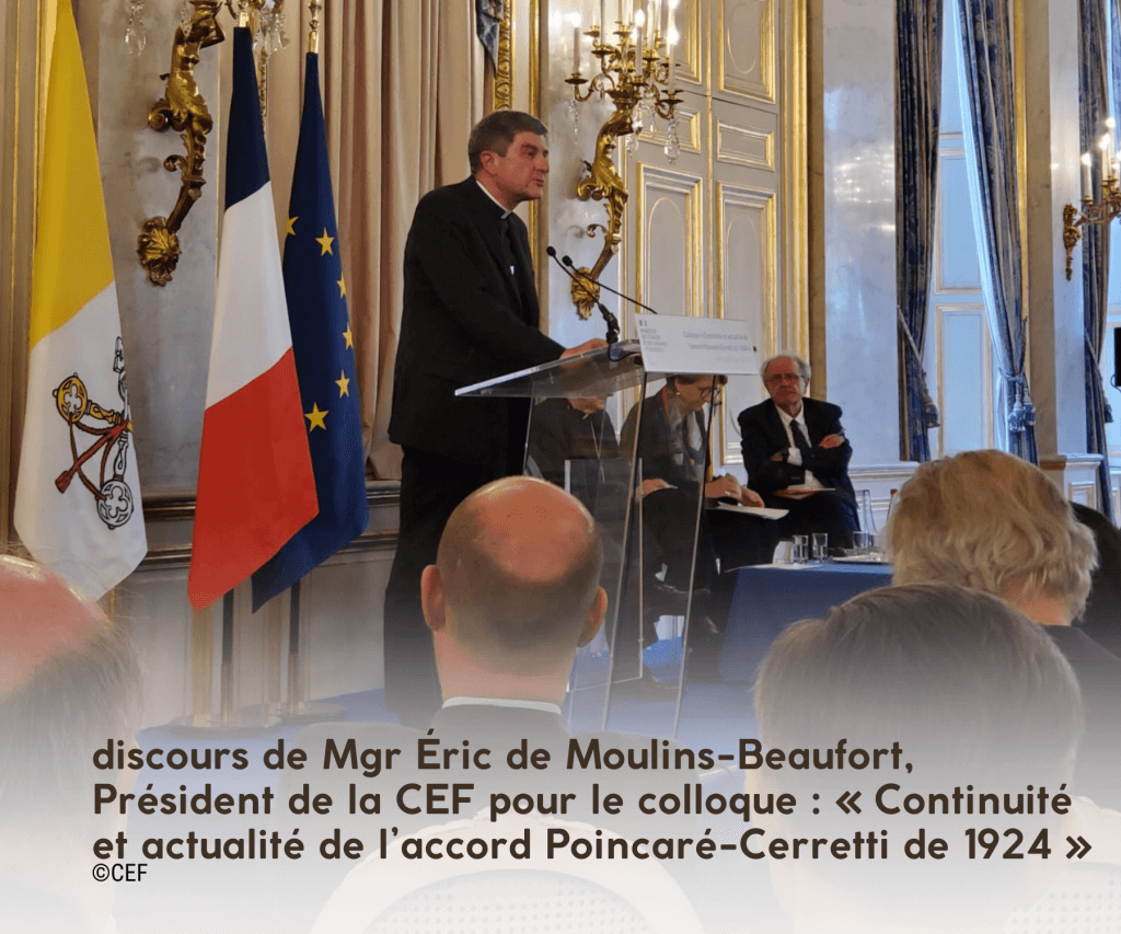 discours de Mgr Eric de Moulins-Beaufort lors du colloque sur le centenaire de l’accord Poincaré-Cerretti de 1924 image de Mgr de Moulins-Beaufort, Président de la CEF au pupitre dans le salon du Ministère des affaires étrangères