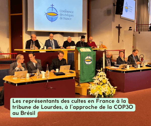 Site EC - illustrations de texte - AP Lourdes 2025 Les répresentants des cultes en France à la tribune de Lourdes, pour souligner l’engagement commun des religions de France au service de la préservation de la Création et de la dignité humaine, à l’approche de la COP30 à Belem.