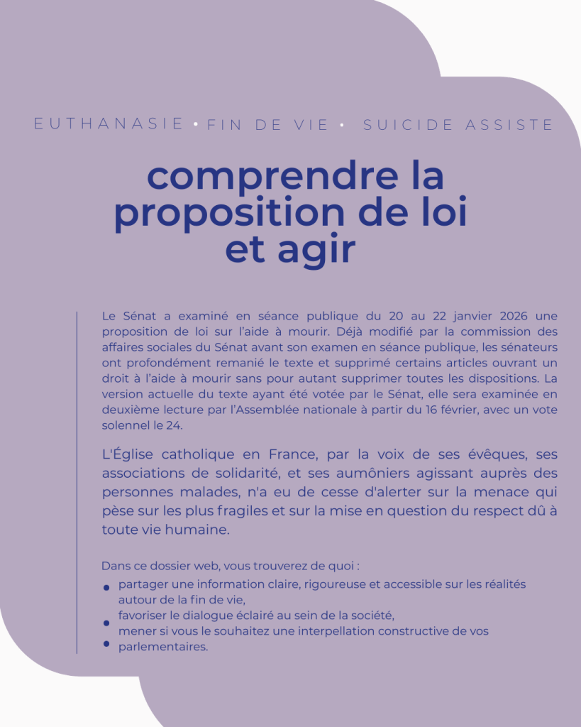Fin de vie 2026 _ Ne restons pas silencieux - Site web (4) Le Sénat a examiné en séance publique du 20 au 22 janvier 2026 une proposition de loi sur l’aide à mourir. Déjà modifié par la commission des affaires sociales du Sénat avant son examen en séance publique, les sénateurs ont profondément remanié le texte et supprimé certains articles ouvrant un droit à l’aide à mourir sans pour autant supprimer toutes les dispositions. Si la version actuelle du texte est votée le 28 janvier, elle sera examinée en deuxième lecture par l’Assemblée nationale dans les prochaines semaines. Dans le cas contraire, l’Assemblée examinera sa version initiale.